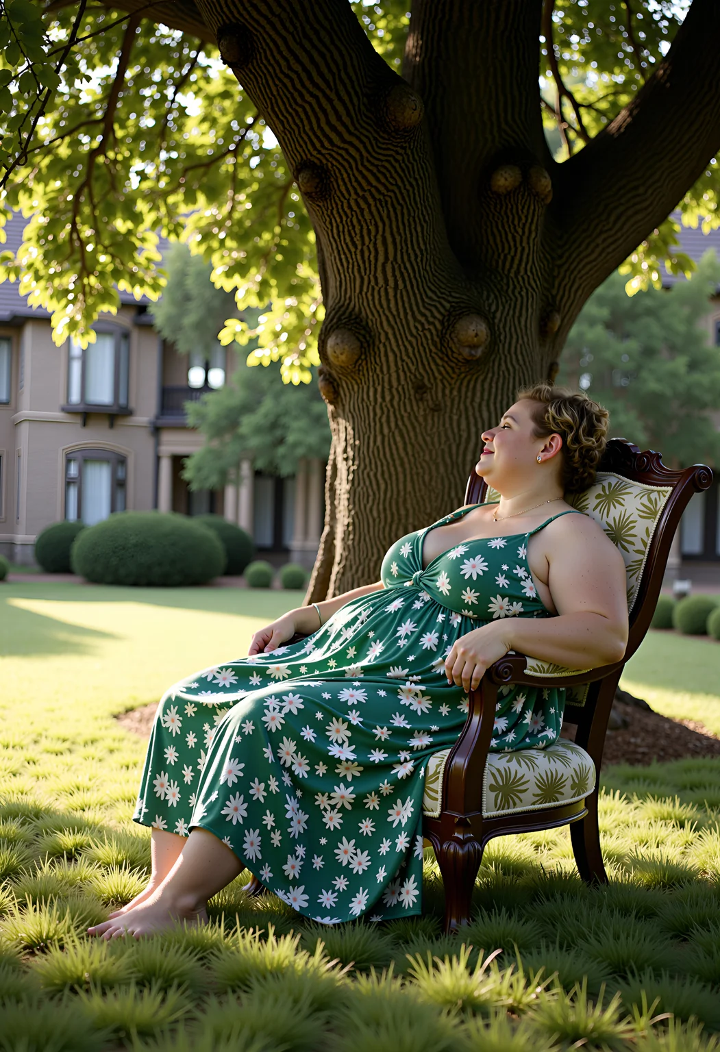 Breathtaking photography of a beautiful chubby owkx lady sleeping well in a fancy garden chair at a shady place under an old oak tree in an amazing beautiful english garden at a hot summer afternoon. She wears a beautiful floral green summer dress. There are old trees and a old mansion in the background., <lora:flux_model_mandy_fictional_owkx woman_2300:0.85>, , , , ,