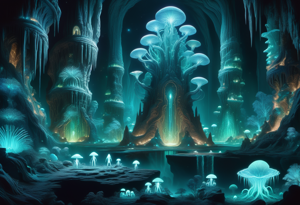hyper detailed masterpiece, DonM3t3rn1tyXL, space colonization of subterranean specie- bioluminescent creatures with phosphorescent markings in dark caverns , atmospheric engineer  <lora:DonM3t3rn1tyXL-v1.1-000008:0.8>