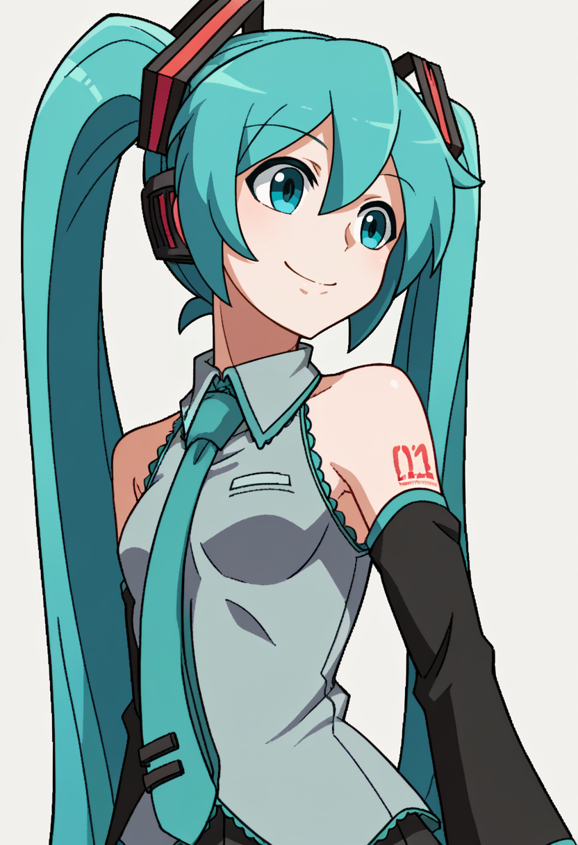 score_9, score_8_up, score_7_up, source_anime, BREAK, solo, 1girl, smile,  <lora:Under-Night-In-Birth-Portraits-pdxl_Fp:1>, simple background, looking to the side, hatsune miku,