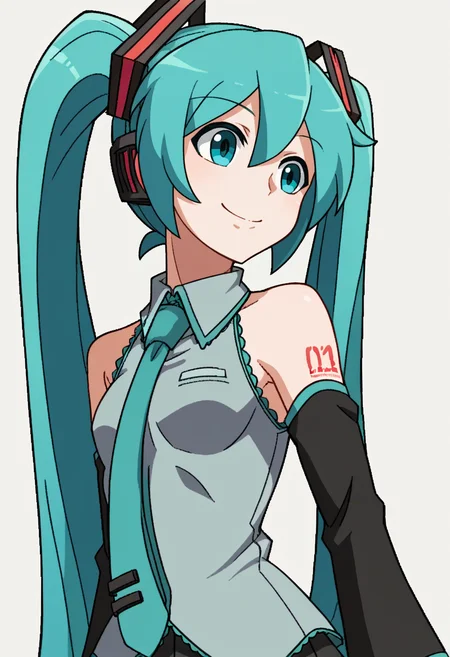 score_9, score_8_up, score_7_up, source_anime, BREAK, solo, 1girl, smile, <lora:Under-Night-In-Birth-Portraits-pdxl_Fp:1>, simple background, looking to the side, hatsune miku,