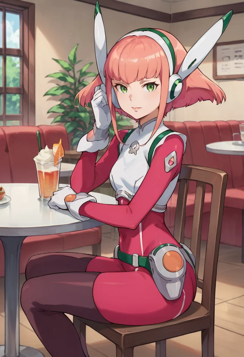 score_9,score_8_up,score_7_up,anime coloring,source_anime,<lora:Barara_Peor:0.8>,barara,1girl,solo,green eyes,short hair,pink hair,headgear,bodysuit,gloves,sitting,indoors,cafe,chair,looking at viewer,