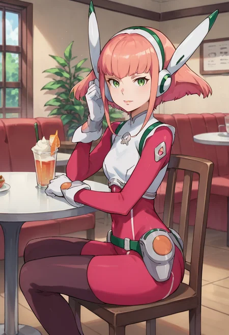 score_9,score_8_up,score_7_up,anime coloring,source_anime,<lora:Barara_Peor:0.8>,barara,1girl,solo,green eyes,short hair,pink hair,headgear,bodysuit,gloves,sitting,indoors,cafe,chair,looking at viewer,
