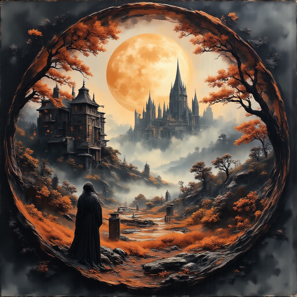 A mist filled landscapes that displays fore different layers.
The first layer in the foreground is a Halloween graveyard with a mausoleum and an angel statue. Graveyard candles lit some tombstones.
Higher behind the field on the left  a spooky lit witch hut stands Infront of a thick forest.
The last layer is a full moons that highlights the silhouette of a spooky castle with high spires.
The different layers are connected by a misty swirl that connects the different scenes.
The color palette uses four colors, darkest brown, rich orange tones, deep vibrant cyan and bright gold. The overall ambiance is mysterious, dark and eerie.
The image is a masterpiece that captures the captivating charm of a beautiful watercolour painting.
aidmaMJ6.1, Chiaroscuro, High quality