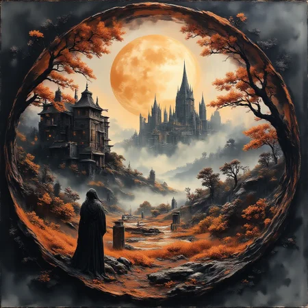 A mist filled landscapes that displays fore different layers.
The first layer in the foreground is a Halloween graveyard with a mausoleum and an angel statue. Graveyard candles lit some tombstones.
Higher behind the field on the left a spooky lit witch hut stands Infront of a thick forest.
The last layer is a full moons that highlights the silhouette of a spooky castle with high spires.
The different layers are connected by a misty swirl that connects the different scenes.
The color palette uses four colors, darkest brown, rich orange tones, deep vibrant cyan and bright gold. The overall ambiance is mysterious, dark and eerie.
The image is a masterpiece that captures the captivating charm of a beautiful watercolour painting.
aidmaMJ6.1, Chiaroscuro, High quality