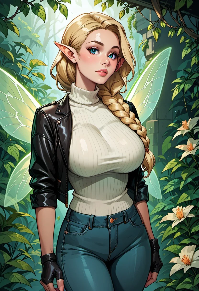 score_9, score_8_up, score_7_up, score_6_up, score_5_up, score_4_up, beautiful fairy woman, mature, long blonde braided hair, reij-hrstyl01 hairstyle, elf ears, detailed blue eyes, bright blue eyes, soft round jaw, magical aura, (delicate glowing wings with green patterns:1.4), (fairy wings:1.3), huge breasts, black jeans, white turtleneck, black leather jacket, fingerless gloves, leather gloves, jungle scene, ancient temple ruins
