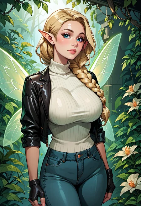 score_9, score_8_up, score_7_up, score_6_up, score_5_up, score_4_up, beautiful fairy woman, mature, long blonde braided hair, reij-hrstyl01 hairstyle, elf ears, detailed blue eyes, bright blue eyes, soft round jaw, magical aura, (delicate glowing wings with green patterns:1.4), (fairy wings:1.3), huge breasts, black jeans, white turtleneck, black leather jacket, fingerless gloves, leather gloves, jungle scene, ancient temple ruins