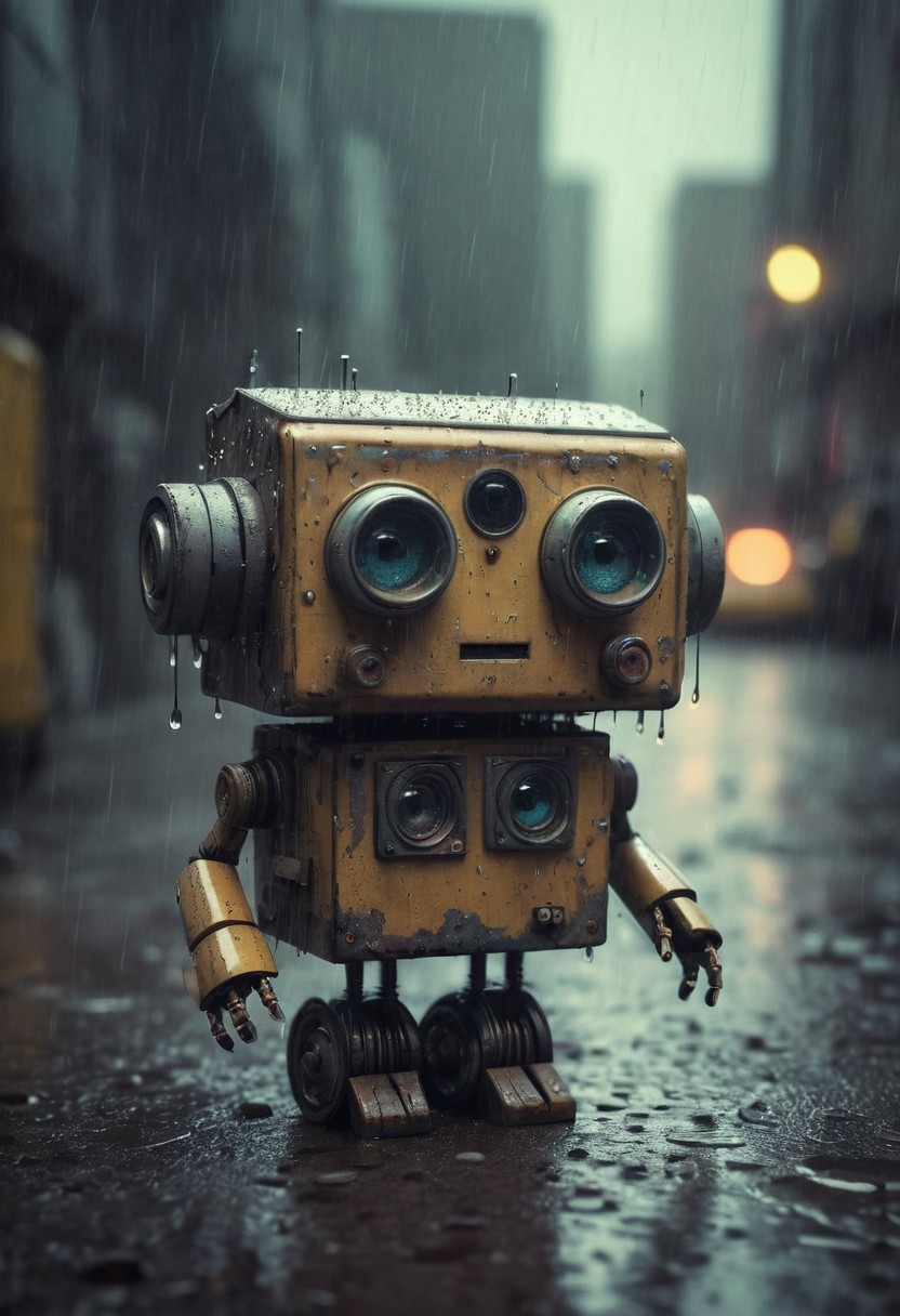 Small robot, cute robot, rectangular body, treaded wheels, compact head, expressive binocular-like eyes, sad and curious appearance, heartbreaking, cute, heavy rain, very sad, lonely, lost place, cyberpunk, desaturated, vibrant colors, dramatic lighting, desaturated background, bokeh, dark theme, soothing tones, depth of field, dramatic backlighting, film grain,