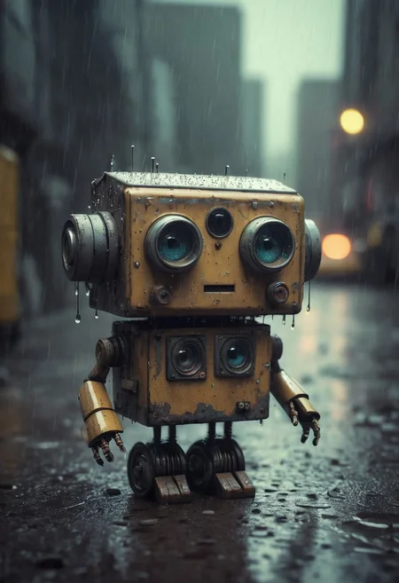 Small robot, cute robot, rectangular body, treaded wheels, compact head, expressive binocular-like eyes, sad and curious appearance, heartbreaking, cute, heavy rain, very sad, lonely, lost place, cyberpunk, desaturated, vibrant colors, dramatic lighting, desaturated background, bokeh, dark theme, soothing tones, depth of field, dramatic backlighting, film grain,
