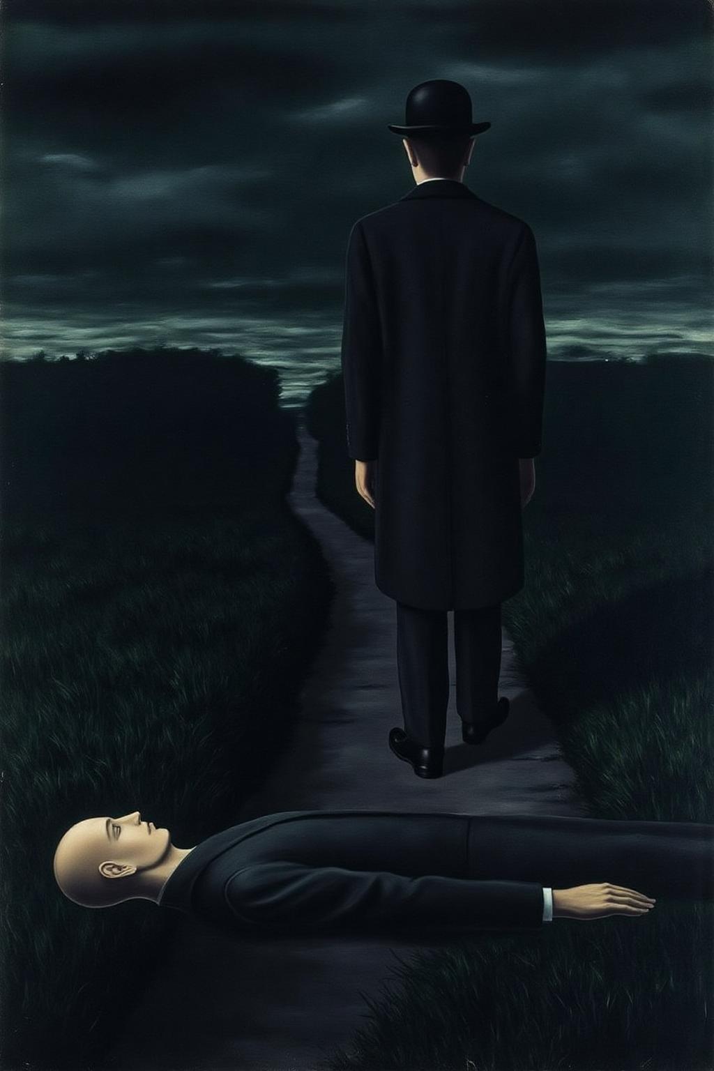renemag1 painting.
A dark, moody landscape with a surreal, dreamlike quality. In the foreground is the profile of a human figure with a bald head, lying suspended in midhair. Behing him is a man, standing with his back to the viewer, dressed in a black suit, black bowler hat, and black shoes, walking along a narrow path.
 <lora:renemag1_cap_d6a3:1.0><lora:829574488283771424:0>