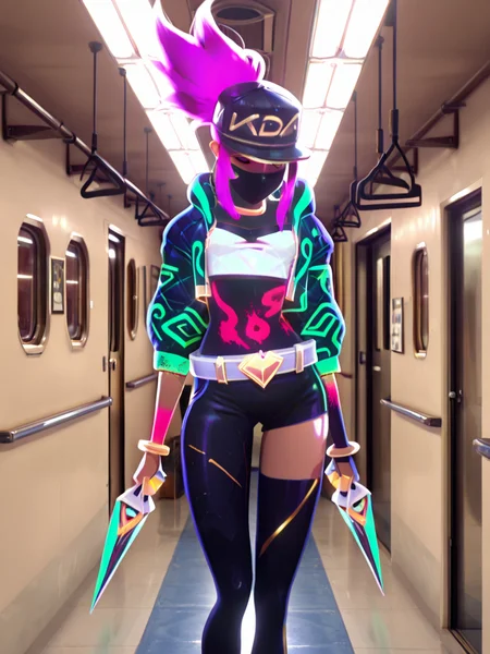 neon akali, kda, a man in a neon suit is walking down a hallway, 1girl, solo, long hair, hat, navel, jewelry, jacket, ponytail, weapon, purple hair, midriff, belt, pants, bracelet, official alternate costume, glowing, baseball cap, mouth mask, asymmetrical clothes, idol, bodypaint, neon lights, k/da league of legends, akali, volumetric lighting
<lora:arcane_il_v2:0.9>