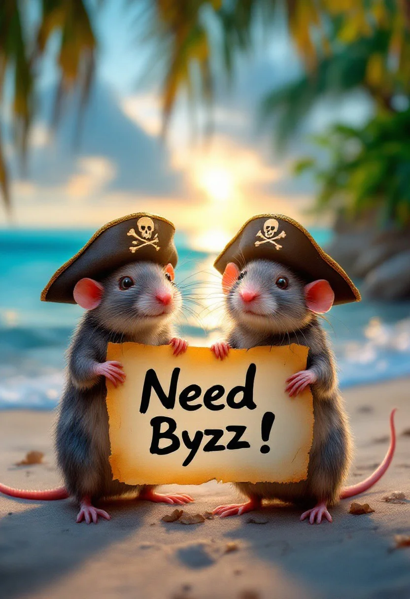 A rats in pirate hats on a tropical beach, one holding paint old paper vith lettering "Need Byzz ", the ocean behind them glowing in soft blue hues under the setting sun, hyper realistic textures, playful and cinematic.