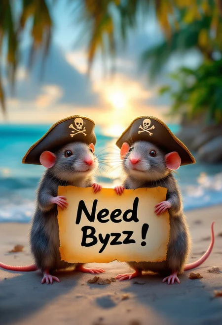 A rats in  pirate hats on a tropical beach, one holding paint old paper vith lettering "Need Byzz ", the ocean behind them glowing in soft blue hues under the setting sun, hyper realistic textures, playful and cinematic.