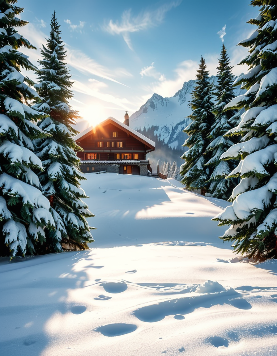 A cozy wooden chalet nestled in a serene winter landscape, surrounded by tall, snow-covered pine trees. Warm golden lights glow from the chalet's windows, contrasting with the crisp, cold air of the snowy evening. A thick layer of fresh snow blankets the ground, with a few footprints leading to the wooden front door. Smoke gently rises from the chimney, suggesting a warm fire inside. The sky is a soft twilight blue, with the first stars beginning to appear. In the foreground, a wooden fence partially covered in snow adds to the rustic charm. A small stack of firewood is neatly arranged near the entrance. The atmosphere is peaceful and inviting, evoking a sense of warmth and solitude in the midst of nature. The art style is hyper-realistic with soft lighting and high detail, emphasizing the texture of the wood, snow, and trees.
<lora:SDXLFaeTastic2400:0.4> <lora:extremely_detailed:0.4> extremely detailed, <lora:winter_l4ndsc4p3:1>,winter l4ndsc4p3, Masterpiece,best quality,hi res,8k,hi res,8k,award winning,(sharp focus, intricate, highly detailed),