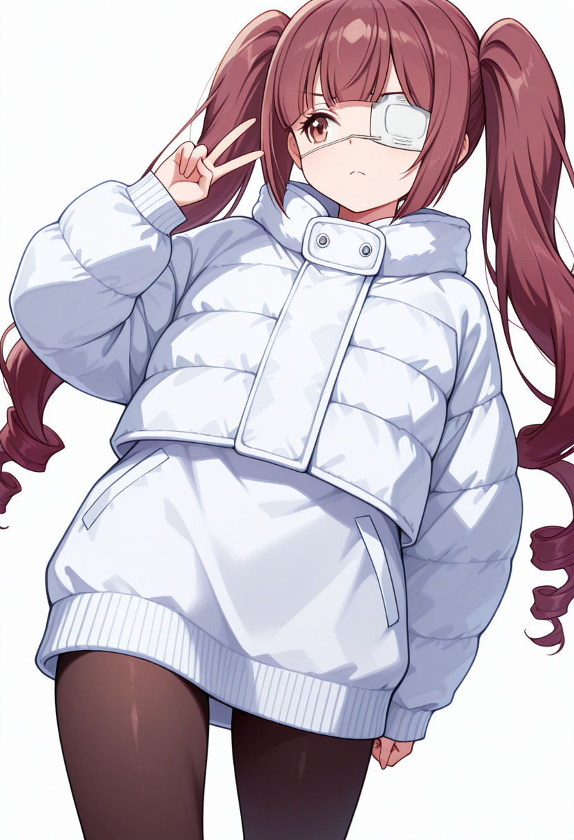 Smooth Quality,masterpiece,very intricate, high quality details, ultra realistic, high detailed skin,detailed enviorement,absurdres,
inward v,
 <lora:Hanazono_Yurine_CNR:0.8> yurine_cnr, brown hair,very long hair, brown eyes, medical eyepatch, frown, twintails, drill hair,, simple background, white background, dynamic angle,solo,, lonely,, puffer jacket,  ,oversized sweater, ,pantyhose, ,