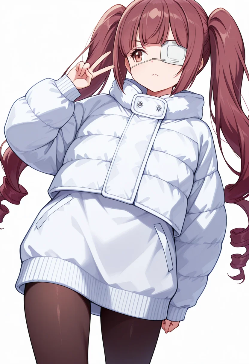 Smooth Quality,masterpiece,very intricate, high quality details, ultra realistic, high detailed skin,detailed enviorement,absurdres,
inward v,
 <lora:Hanazono_Yurine_CNR:0.8> yurine_cnr, brown hair,very long hair, brown eyes, medical eyepatch, frown, twintails, drill hair,, simple background, white background, dynamic angle,solo,, lonely,, puffer jacket,  ,oversized sweater, ,pantyhose, ,
