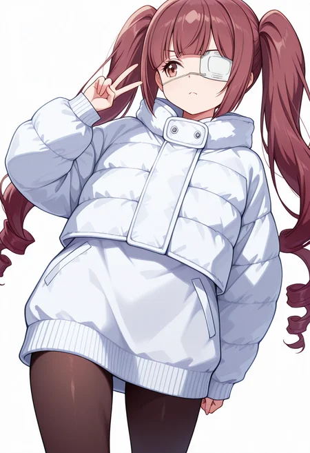 Smooth Quality,masterpiece,very intricate, high quality details, ultra realistic, high detailed skin,detailed enviorement,absurdres,
inward v,
<lora:Hanazono_Yurine_CNR:0.8> yurine_cnr, brown hair,very long hair, brown eyes, medical eyepatch, frown, twintails, drill hair,, simple background, white background, dynamic angle,solo,, lonely,, puffer jacket, ,oversized sweater, ,pantyhose, ,