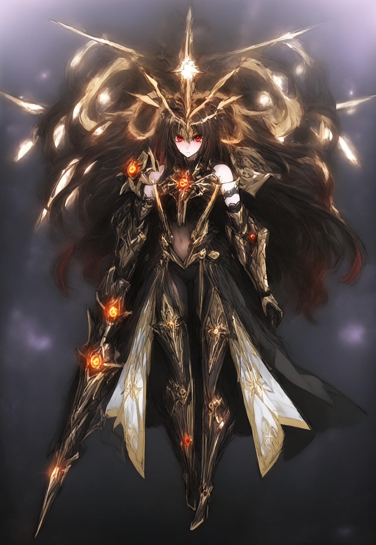safe_pos, safe_pos, [<lora:EnvyBetterHands:2.0>, <lora:Machina_Corruption_Omega_Processor_Pony_V2:1>, (Abstract Backdrop:1.5), fine_ascxl, anime screencap], [(highly detailed, highly-detailed, realistic, fine fabric detail, absurdres, masterpiece, very aesthetic, best quality, anime style, score_9, score_8_up, score_7_up):1.4, glowing, arm0rs3nt1n3l, arm0rpunkv4], [(uncensored, full body:2.0, solo:1.4), (1girl, standing, detailed face, blush), {machina corruption, CursedSwordMGE, nanoha}:1, (iridescent eyes, unusual eyes, glowing eyes, symbol-shaped pupils), (colored inner hair, very long hair, black hair, brown hair, two-tone hair, multicolored_hair, ahoge, gradient hair, hair between eyes, red body marking), (neck, collarbone, abs, navel, joints, muscular, bulky arms, large torso, narrow waist, large hips, thick thighs, long legs), (mechanical limbs, mechanical tail):0.8, (floating halo:1.3, mechanical halo:0.8, glowing crown:0.7, crown halo, red light:1.6)], [(red scarf, cloak, armor, holding sword, ornate outfit:1, fur-trimmed bodysuit:0.75, full bodysuit), (magical coat, open coat), (detached long sleeves, gilded sleeves)], [clothing cutout, cleavage cutout, black corset, shoulder armor, shoulder capes], [(high-waist skirt, frilly skirt, see-through skirt), (gilded gauntlet:4, elbow gloves:3), (white short shorts, black tights, pelvic curtain, thigh boots, highheels)]