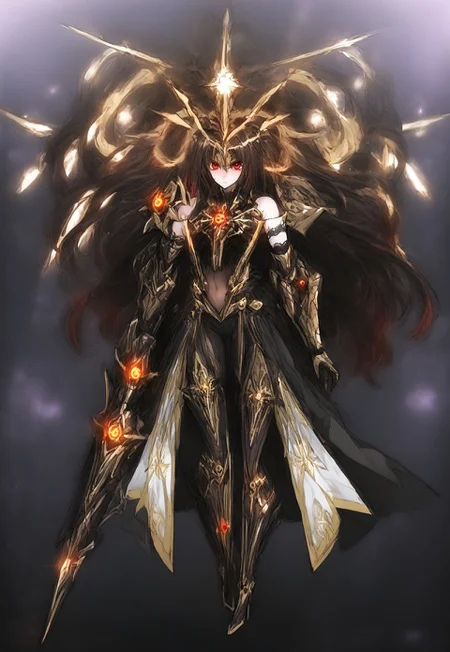 safe_pos, safe_pos, [<lora:EnvyBetterHands:2.0>, <lora:Machina_Corruption_Omega_Processor_Pony_V2:1>, (Abstract Backdrop:1.5), fine_ascxl, anime screencap], [(highly detailed, highly-detailed, realistic, fine fabric detail, absurdres, masterpiece, very aesthetic, best quality, anime style, score_9, score_8_up, score_7_up):1.4, glowing, arm0rs3nt1n3l, arm0rpunkv4], [(uncensored, full body:2.0, solo:1.4), (1girl, standing, detailed face, blush), {machina corruption, CursedSwordMGE, nanoha}:1, (iridescent eyes, unusual eyes, glowing eyes, symbol-shaped pupils), (colored inner hair, very long hair, black hair, brown hair, two-tone hair, multicolored_hair, ahoge, gradient hair, hair between eyes, red body marking), (neck, collarbone, abs, navel, joints, muscular, bulky arms, large torso, narrow waist, large hips, thick thighs, long legs), (mechanical limbs, mechanical tail):0.8, (floating halo:1.3, mechanical halo:0.8, glowing crown:0.7, crown halo, red light:1.6)], [(red scarf, cloak, armor, holding sword, ornate outfit:1, fur-trimmed bodysuit:0.75, full bodysuit), (magical coat, open coat), (detached long sleeves, gilded sleeves)], [clothing cutout, cleavage cutout, black corset, shoulder armor, shoulder capes], [(high-waist skirt, frilly skirt, see-through skirt), (gilded gauntlet:4, elbow gloves:3), (white short shorts, black tights, pelvic curtain, thigh boots, highheels)]