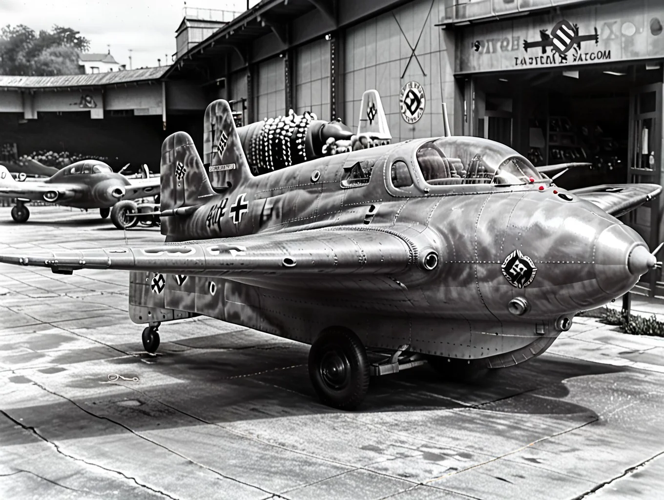 <lora:Me-163-Pony:0.9> me_163 aircraft, score_9,vintage photograph, grainy texture, black and white, wartime archive, historical aviation, experimental aircraft, World War II aviation history, classic aviation photography, museum collection