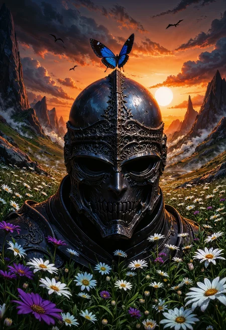 An1meL1nes, A highly detailed, a weathered, metallic helmet adorned with intricate, Gothic-style engravings. The helmet, which dominates the center of the image, sits atop a lush, vibrant meadow filled with various flowers, predominantly white and purple, with green foliage. A blue and black butterfly perches delicately on the helmet's top. The background showcases a dramatic sunset with a golden sun low in the sky, casting a warm, orange glow across the landscape. Jagged, rocky mountains rise on either side, partially shrouded in mist. The sky is filled with dark, swirling clouds tinged with orange and purple hues. Birds are flying in the distance, adding a sense of depth and movement. The overall scene is a blend of mystical and serene elements, combining medieval armor with natural beauty. <lora:FluxMythAn1meL1nes:1>