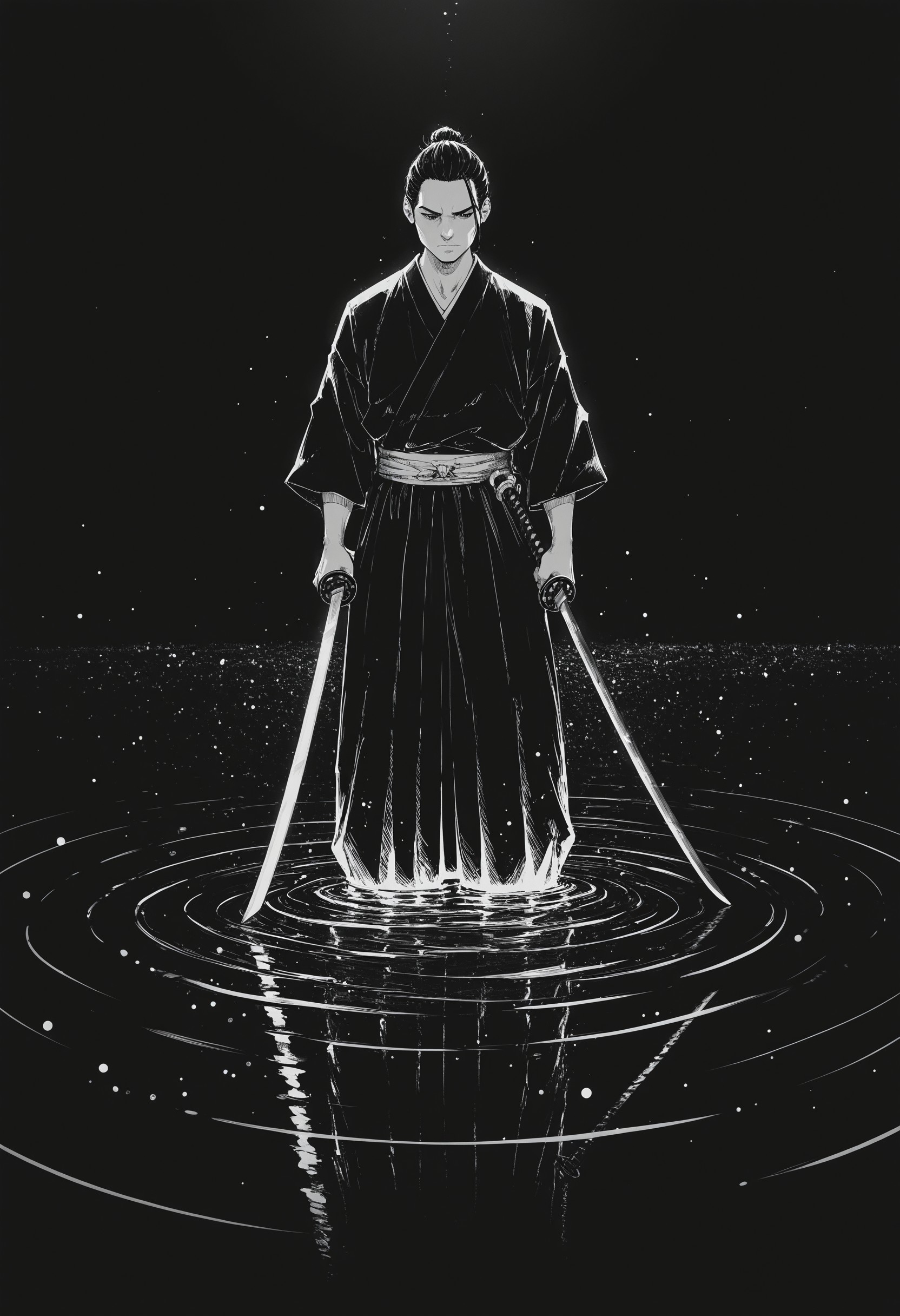 jrka2, greyscale, weapon, sword, solo, 1boy, water, male focus, wading, holding sword, katana, holding, japanese clothes, holding weapon, standing, reflection, ripples, single hair bun, glowing, night, black hair, light particles, dynamic, monochrome, masterpiece, high_resolution, detailed_shading, strong_contrasts, inktober, texture_rendering, material_rendering, hyper_detailed, sharp_focus, refined_edges, professional_render, 4k, latest, , <lora:4272a744-8f0b-45eb-a10e-d02d1b957642:0.9>