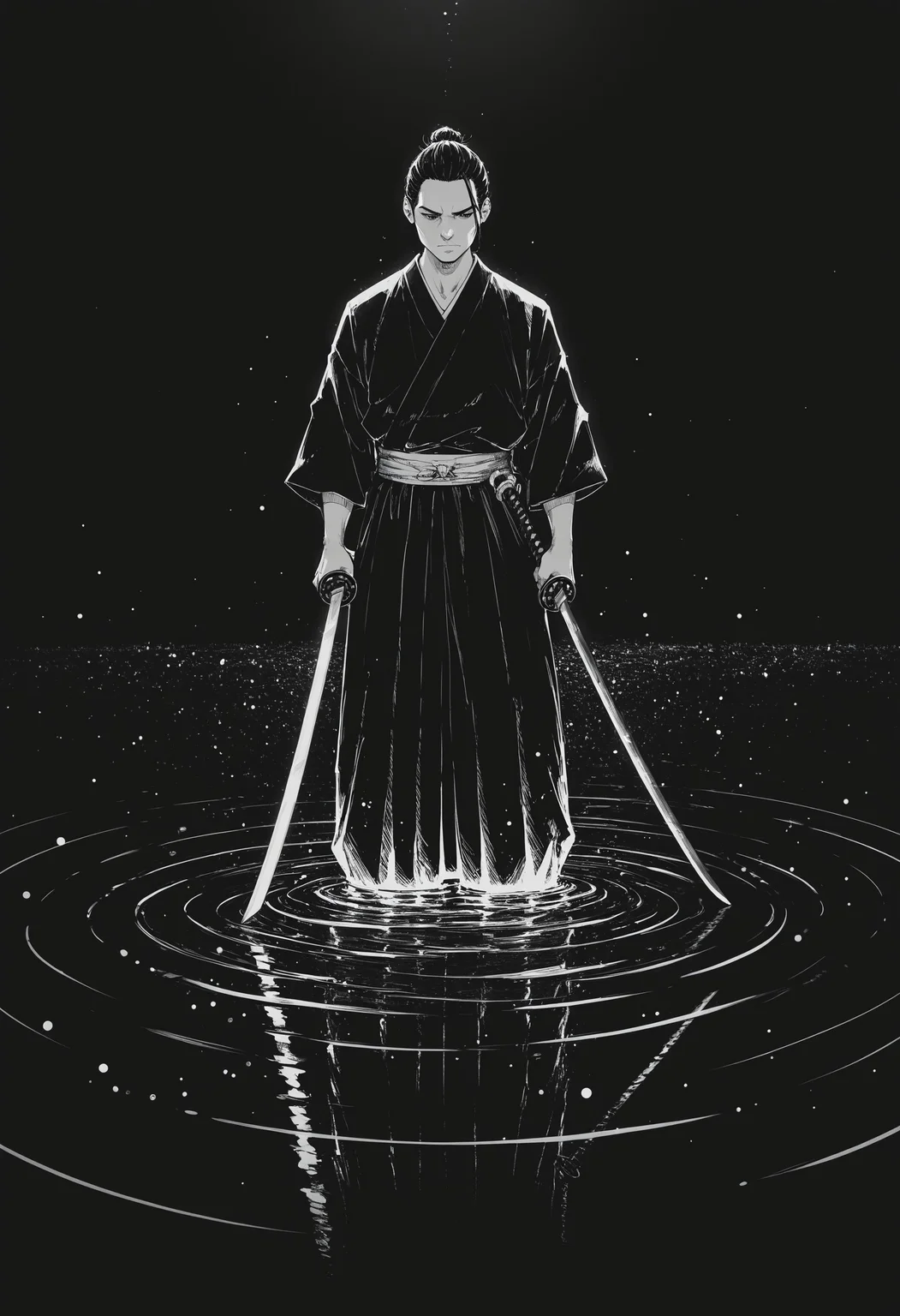 jrka2, greyscale, weapon, sword, solo, 1boy, water, male focus, wading, holding sword, katana, holding, japanese clothes, holding weapon, standing, reflection, ripples, single hair bun, glowing, night, black hair, light particles, dynamic, monochrome, masterpiece, high_resolution, detailed_shading, strong_contrasts, inktober, texture_rendering, material_rendering, hyper_detailed, sharp_focus, refined_edges, professional_render, 4k, latest, , <lora:4272a744-8f0b-45eb-a10e-d02d1b957642:0.9>