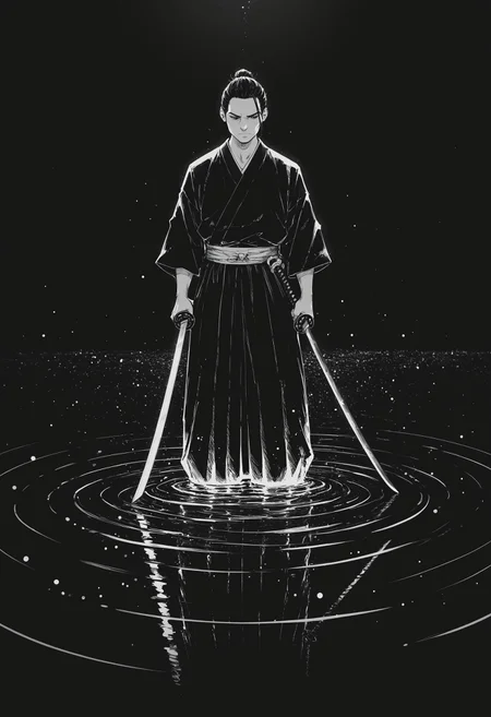 jrka2, greyscale, weapon, sword, solo, 1boy, water, male focus, wading, holding sword, katana, holding, japanese clothes, holding weapon, standing, reflection, ripples, single hair bun, glowing, night, black hair, light particles, dynamic, monochrome, masterpiece, high_resolution, detailed_shading, strong_contrasts, inktober, texture_rendering, material_rendering, hyper_detailed, sharp_focus, refined_edges, professional_render, 4k, latest, , <lora:4272a744-8f0b-45eb-a10e-d02d1b957642:0.9>