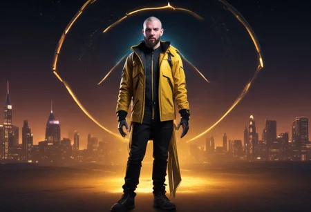 long sleeves, shoulder armor, yellow jacket, science fiction, young man, shaved head and beard Finely detailed, in a cyberpunk environment, looking at viewer, solo, headwear removed, realistic, night blue sky, own hands, stars, sky, white jeans