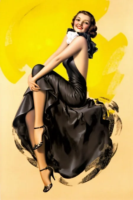 rolfarmstrong1 illustration.
A woman, shown in side profile, in a glamorous black evening gown with a deep neckline and flowing skirt. She is posed with one leg bent and the other extended, showcasing a high-heeled shoe. Her hair is styled in soft waves, and she is wearing a white ruffled collar. Her hands are clasped around her raised knee. She is turning her head to look at the viewer. The background features a bright, abstract yellow splash. <lora:rolfarmstrong1_cap_d8a4:1.0><lora:862551255757658285:0>