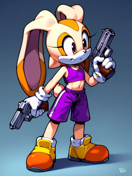 score_9, score_8_up, score_7_up, <lora:Cream_the_Rabbit_Pony:0.8> cre4mth3r4bb1t, Furry, furry female, animal ears, animal nose, rabbit ears, rabbit girl, tail, white gloves, multicolored fur, purple sports bra, purple shorts, flat chest, dark blue handgun, <lora:lorijackrabbit:0.6> LoriJackrabbitPXL
