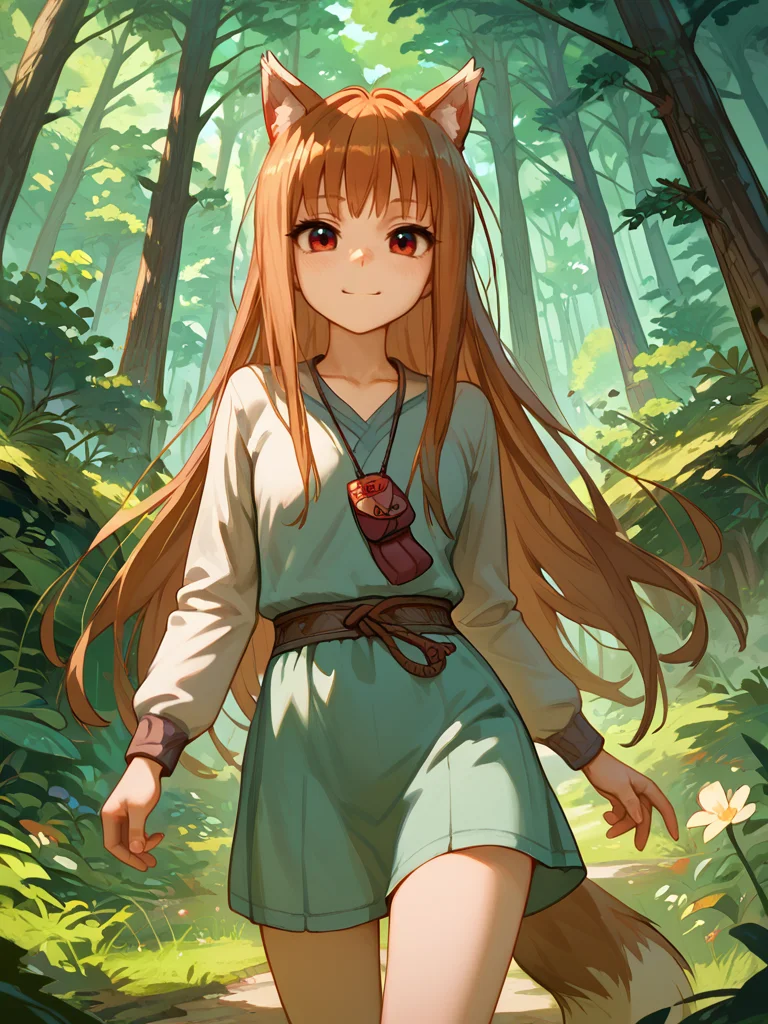PDXL,  <lora:HoloV1:1>, h0l0, holo \(spice and wolf\), 1girl, cute face, detailed eyes,
walking through a forest