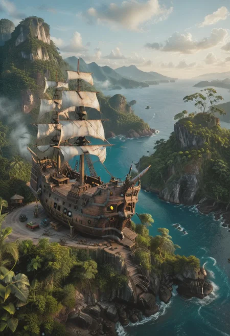 photographic, photorealism, hyper-realistic, portrait shot, a pirate ship, on the edge of a mountain, jungle to the horizon, morning time, clear sky, cinematic view, dramatic lighting, soft lights, perfect composition, rule of thirds, finest details, maximized details, ultimate detail level, masterpiece, best quality, vibrant colors, advntr, zavy-cnmtc, atmospheric haze, cinematic still, dynamic lighting, movie screencap, moody, film