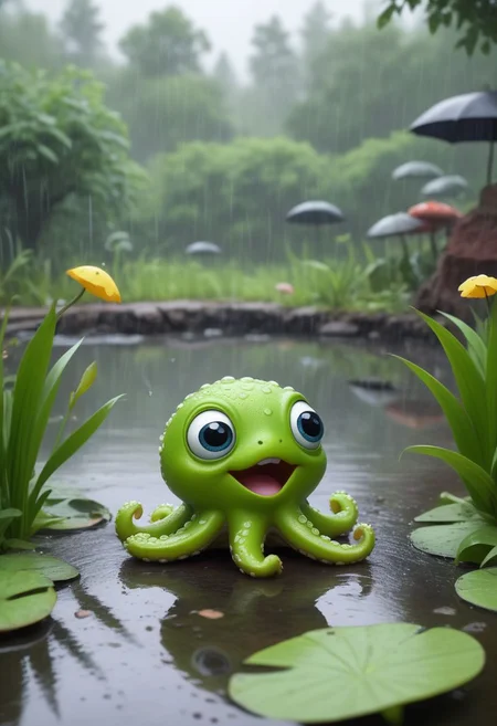 baby octopus, singing near a pond, on a raining day, frogs in the background, in the style of pixar, cuteness overload