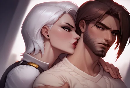 8k resolution, core_9, score_8_up, score_7_up, large angle, wide angle, photorealism, photorealistic, shiny skin: 0.5, ruanyi0481,
BREAK
AsheOW and CassidyOW, Two different characters, different body's, different hair style, different clothes, different eyes, different face's, different outfits, different belt's, different pants, different shirts, different color hair, different persons,
BREAK
Action description:(Ashe pushing Cassidy away), Hug lock, kiss, detailed eyes,
BREAK
FIRST CHARACTER (FEMALE):(Ashe(Overwatch) description: dark-red eyes, makeup, lipstick, tattoo, women, girl, white sweater, black jeans, ick face, big chest, big boobs, big breasts, big booty, big ass, white hair, outraged face, ICK EYES,),
BREAK
SECOND CHARACTER (MALE):(Cassidy(Overwatch) description: Beard, Stubble, man, boy, brown hair, brown eyes, kissing cheek, brown sweater, blue jeens, wide waist, large belt buckle that spells "BAMF", wide body, big body, big muscles, wide legs,),
<pony:Ashe:1>,<pony:Cassidy:1>