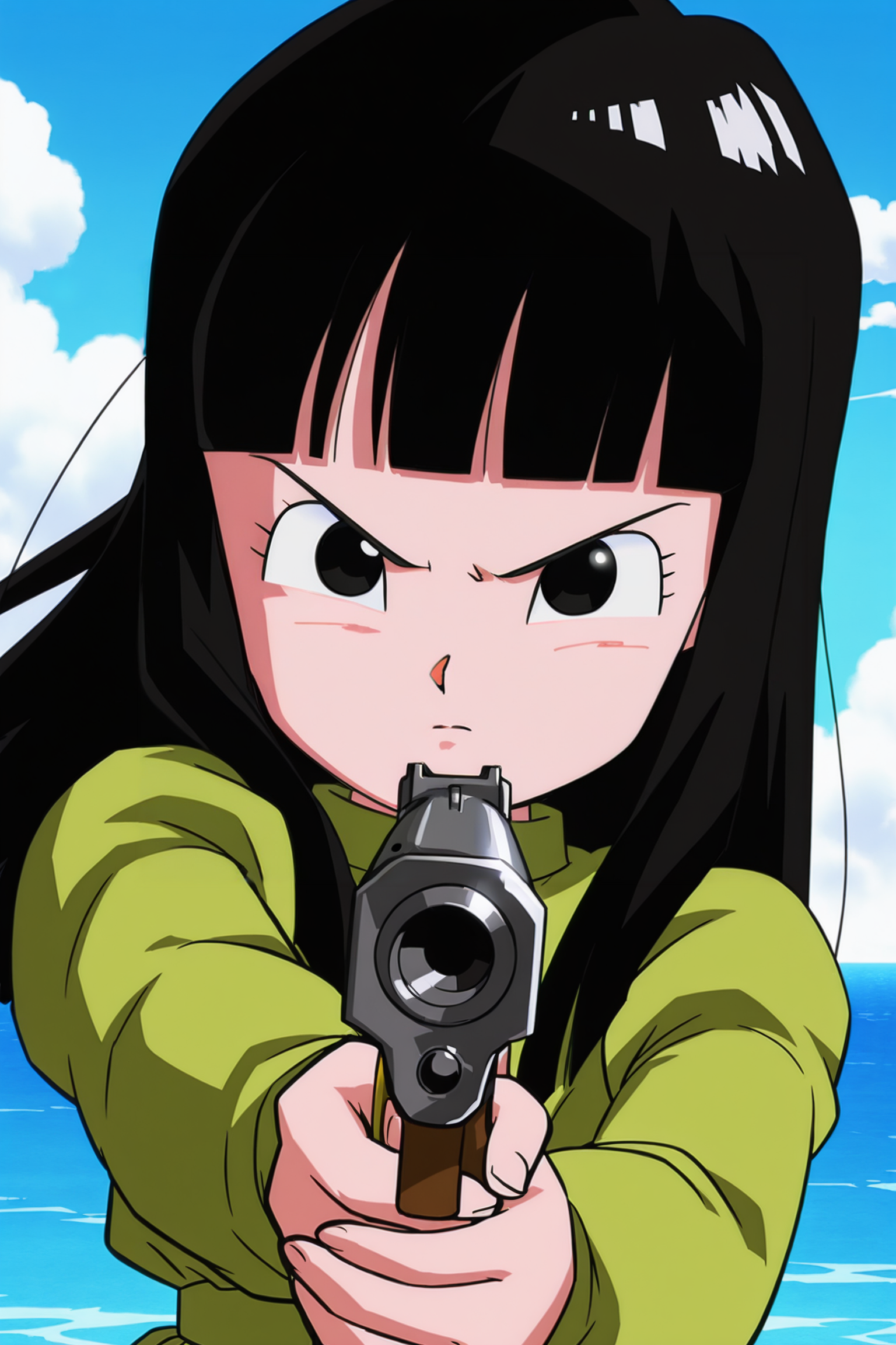 anime screencap, absurdres, high quality, official style,
mai \(dragon ball\), chibi, official style, 1girl, solo, bangs, long hair, eyelashes, black eyes, closed mouth, black hair, green dress, long sleeves, angry, upper body, outdoors, blue sky, ocean, cloud, v-shaped eyebrows, looking at viewer, holding handgun, aiming at viewer
 <lora:Mai_IL:0.8>