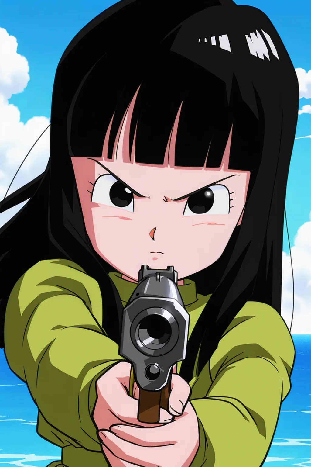 anime screencap, absurdres, high quality, official style,
mai \(dragon ball\), chibi, official style, 1girl, solo, bangs, long hair, eyelashes, black eyes, closed mouth, black hair, green dress, long sleeves, angry, upper body, outdoors, blue sky, ocean, cloud, v-shaped eyebrows, looking at viewer, holding handgun, aiming at viewer
<lora:Mai_IL:0.8>