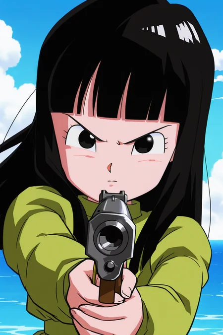 anime screencap, absurdres, high quality, official style,
mai \(dragon ball\), chibi, official style, 1girl, solo, bangs, long hair, eyelashes, black eyes, closed mouth, black hair, green dress, long sleeves, angry, upper body, outdoors, blue sky, ocean, cloud, v-shaped eyebrows, looking at viewer, holding handgun, aiming at viewer
<lora:Mai_IL:0.8>