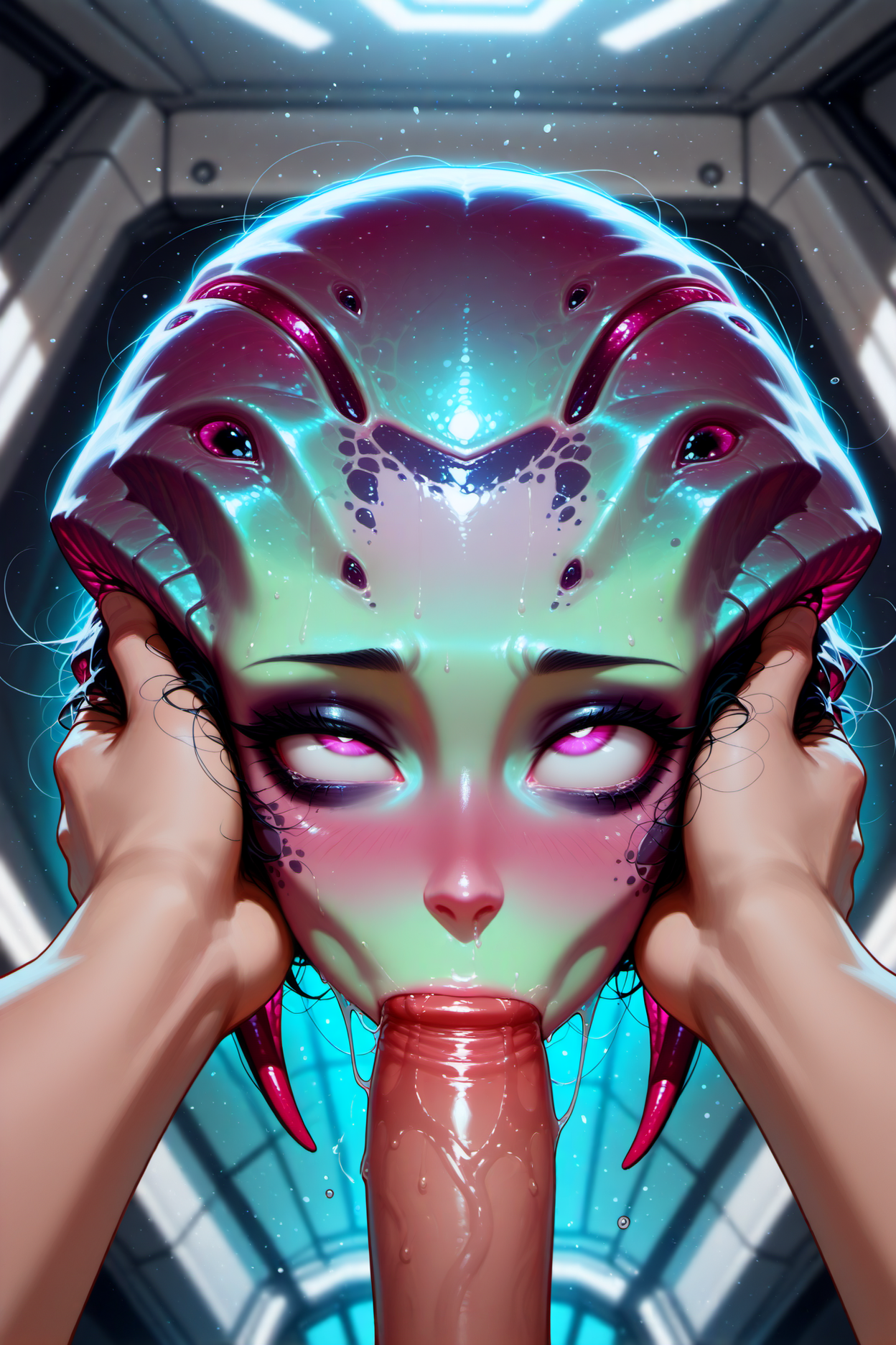 1girl, pov hands, (disembodied head:1.1), midair, alien girl, eye roll, saliva, fellatio, penis, masterpiece, best quality