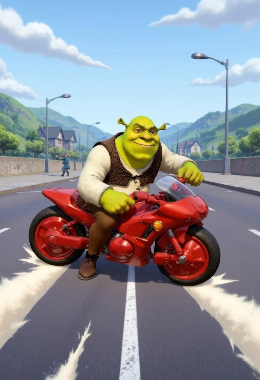 Anime image of Shrek sliding his large red motorcycle across the road, Akira Slide, Shrek