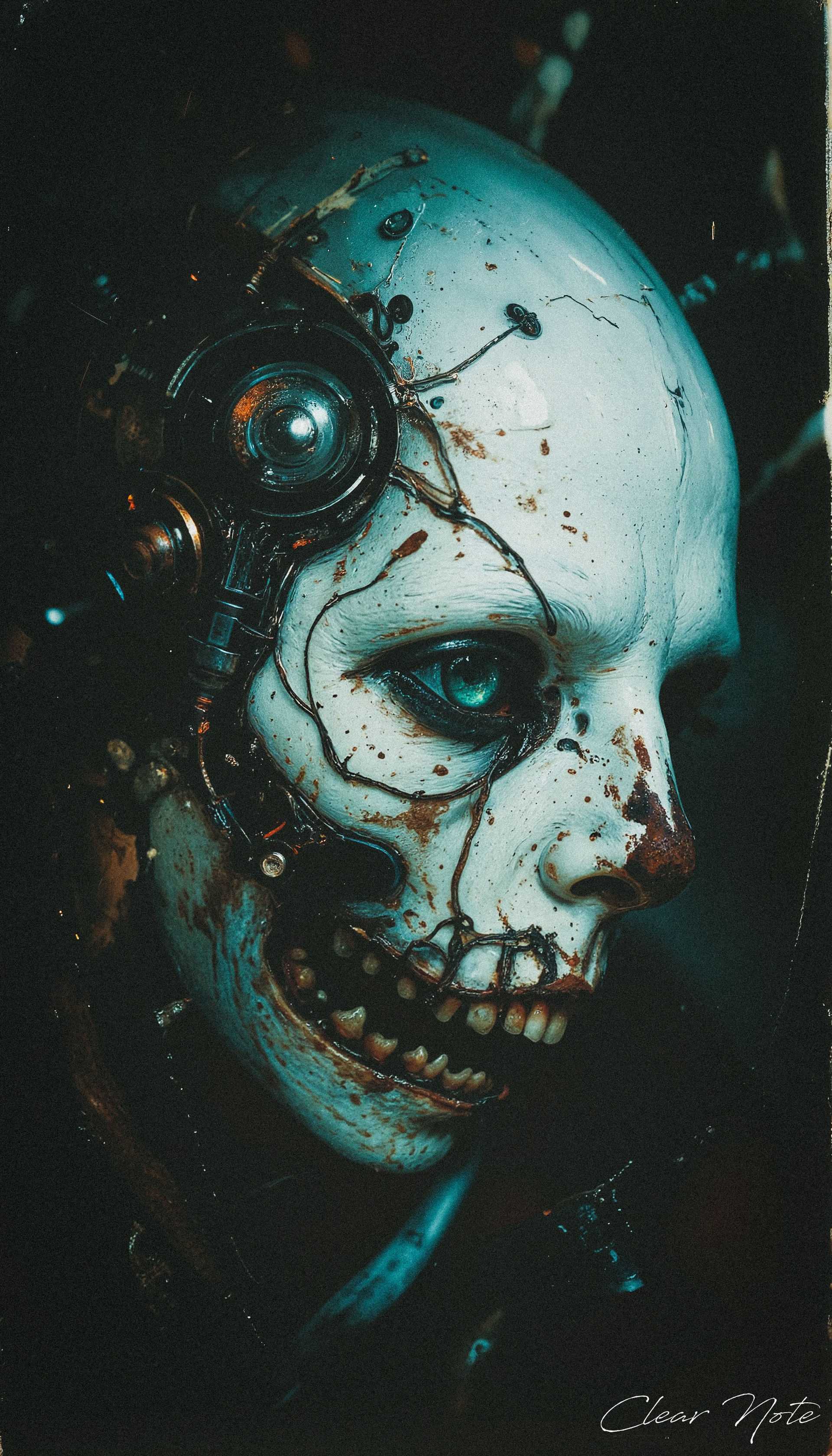 A grotesque cyborg lurks in the shadows, its twisted, mechanical form barely visible in the darkness, exuding an aura of silent dread.
