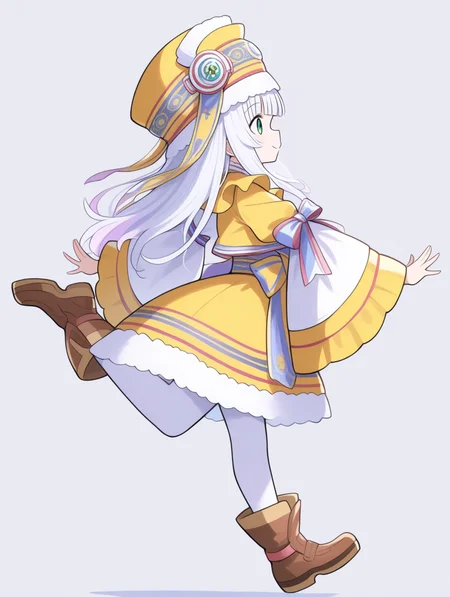 perfect quality,best quality,absolutely eye-catching,ambient occlusion,raytracing BREAK
1girl,<lora:riria IL v1.1:0.9>,riria,white hair,green eyes,long hair,hat,dress,lace trim,wide sleeves,long sleeves,shoes,ribbon,whie pantyhose,, from side,macro_shot,leaning,bunching_hair,waving_arms,standing_split,_leg_up,