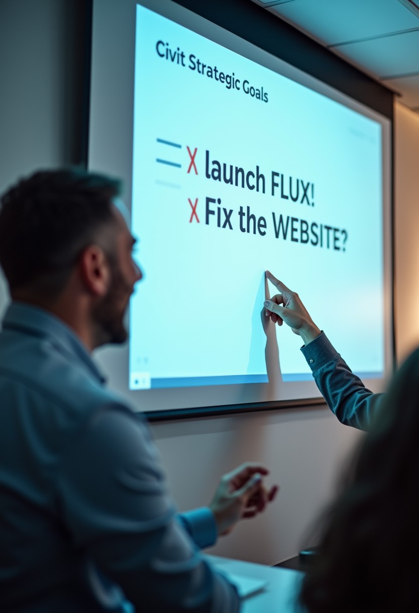 Business man laughing while giving presentation on projector screen.  The presentation is titled "Civit Strategic Goals". The sentence "Launch FLUX!" is crossed out. He is pointing at the sentence "FIX THE WEBSITE?" which is not crossed out