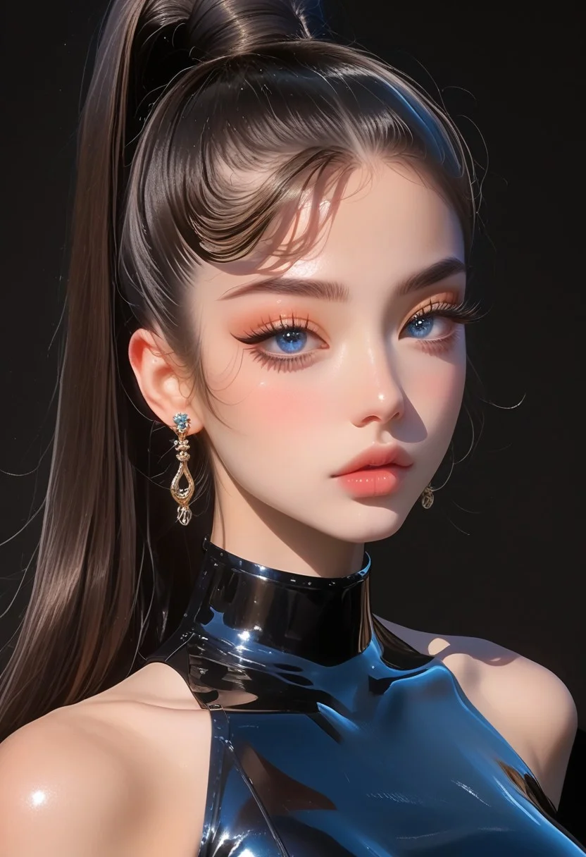 1girl, pretty girl, asian girl, blushing, solo, black hair, long hair, beautiful hair, sleek hair, high ponytail, top ponytail, superp0nytail, long ponytail, blue eyes,
short latex dress, makeup,earrings,thick lips,long eyelashes,perfect body,
large breasts,nipple outline, seductive,
open eyes, detailed eyes, full body,
score_9,score_8_up,score_7_up, detailed face,