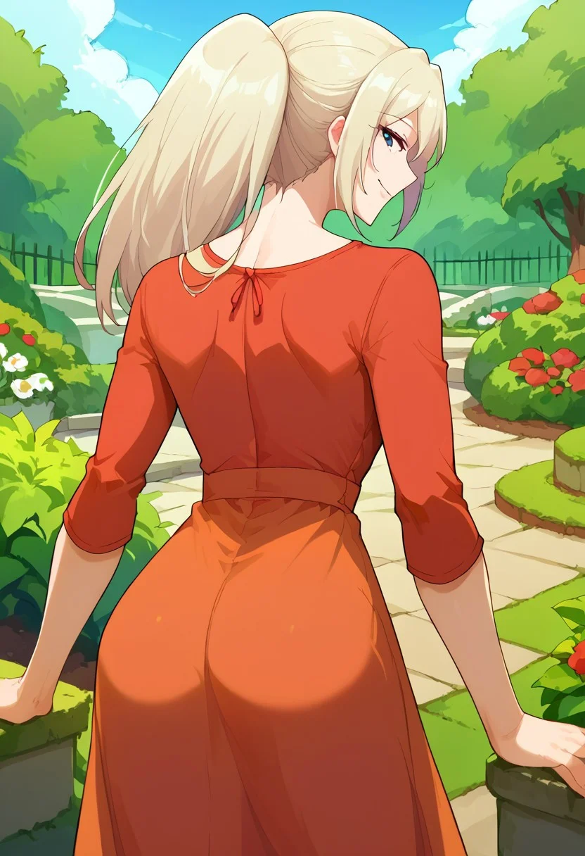 score_9, score_8_up, source_anime, 1girl, solo, Elentzia_TR, pale blonde hair, ponytail, gray eyes, from behind, red sundress, garden, day, sunshine, smile, looking back, freebos_smoothiestyle