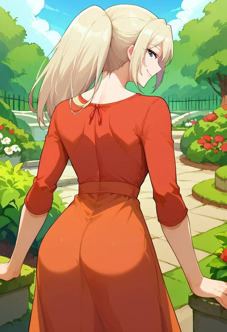 score_9, score_8_up, source_anime, 1girl, solo, Elentzia_TR, pale blonde hair, ponytail, gray eyes, from behind, red sundress, garden, day, sunshine, smile, looking back, freebos_smoothiestyle