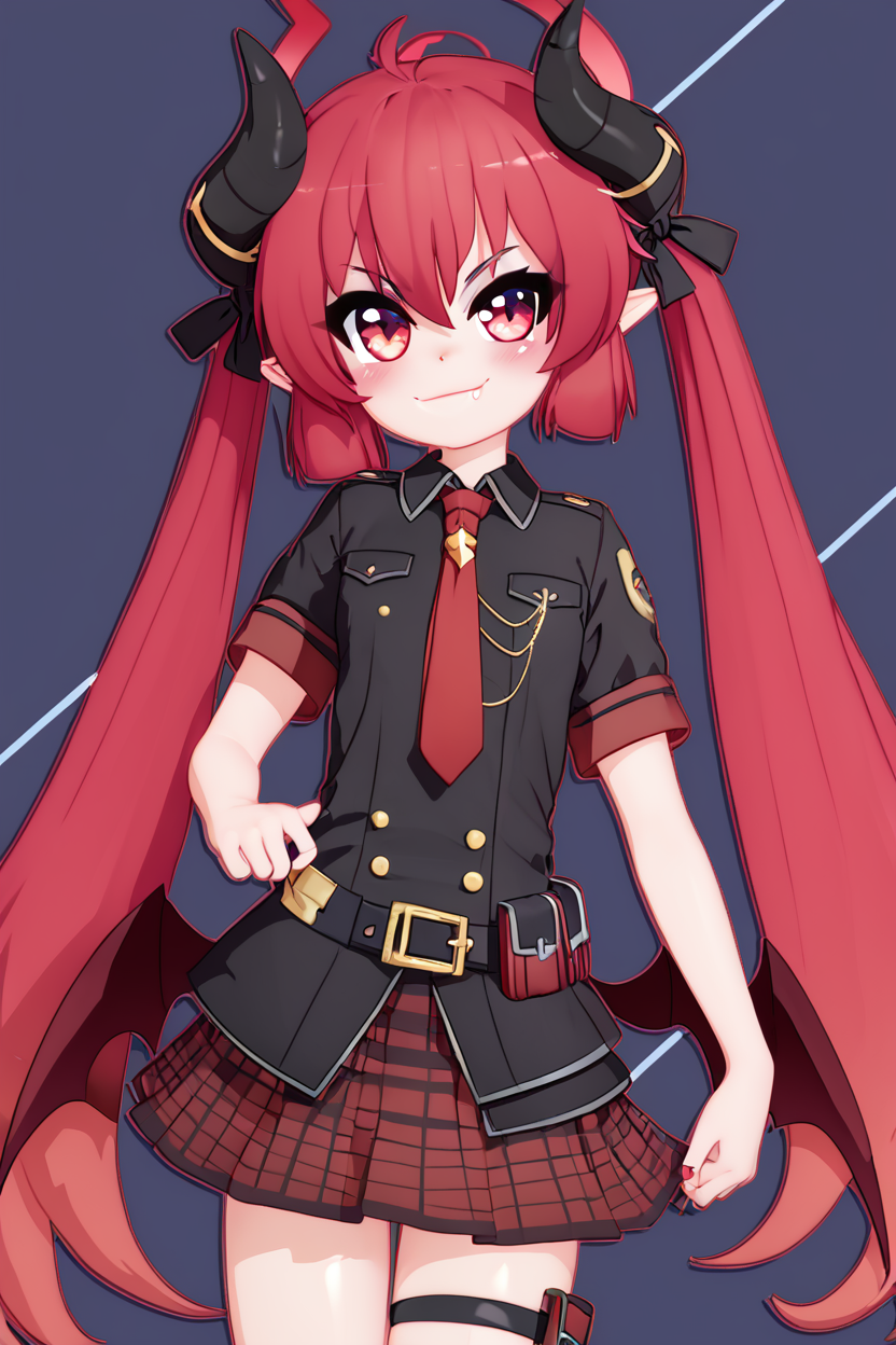 score_9, score_8_up, score_8, medium breasts, (curvy), cute, eyelashes,       BREAK, , ,,, zzJunko, red eyes, red hair,  red halo, horns, long hair, twintails, halo, demon horns, pointy ears, wings, hair between eyes, demon wings, very long hair, black horns, low wings,  ribbon black shirt, pleated skirt, red skirt, short sleeves, plaid skirt, red necktie, thigh strap, belt, fang, black footwear, boots, <lora:Junko_BlueArchive_PDXL:0.8>,   ,,,, BREAK, smile, closed mouth, looking at viewer, cowboy shot,  ,,, embedding:zPDXL, Expressiveh, ,,, <lora:MantisStyle_PDXL_v2:0.8>, <lora:SDXLFaeTastic2400:0.5>, <lora:Expressive_H-000001:0.4>,
