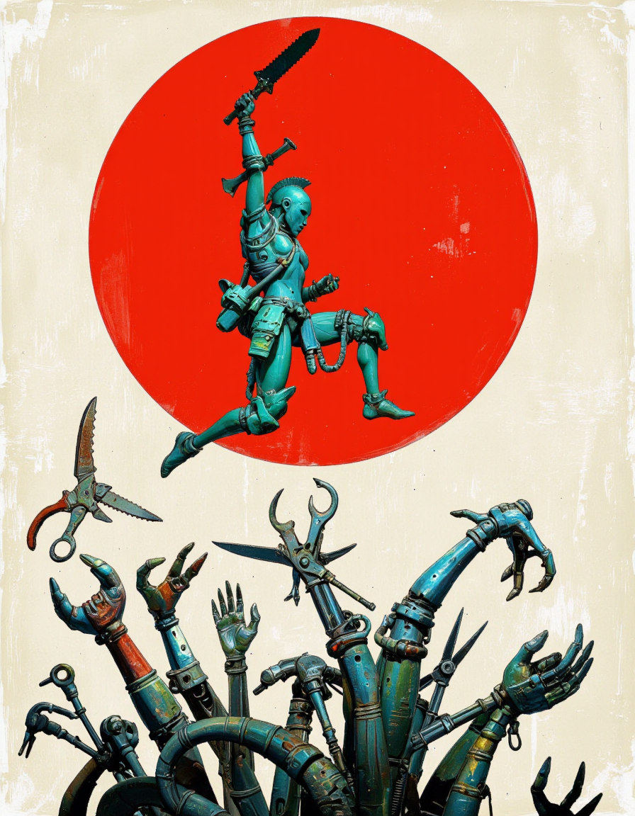 By Passcal Blanché. A digital artwork featuring a dynamic, futuristic scene with a strong, bold color palette. The central figure is a humanoid warrior in mid-jump, brandishing a large serrated blade in his right hand. The warrior is clad in sleek blue-green metallic armor, adorned with various mechanical details and panels. The warrior's helmet is Spartan-shaped, giving him a menacing appearance. 
Behind the warrior is a large, bright red circle, which contrasts sharply with the rest of the image, adding a sense of intensity and focus. The background is a muted off-white color, reinforcing the boldness of the red circle and the metallic tones of the robot. 
In the foreground, a chaotic array of mechanical limbs and tools protrude from the bottom of the image, adding to the sense of movement and disorder. These limbs come in various shapes, some resembling scissors, wrenches, and other industrial tools, all rendered in a metallic tone similar to that of the robot.
The overall style of the artwork is highly detailed and realistic, with a particular emphasis on industrial design and mechanical details, evoking a sense of futuristic war or high-tech battle. <lora:Pascal_Blanché:0.85>