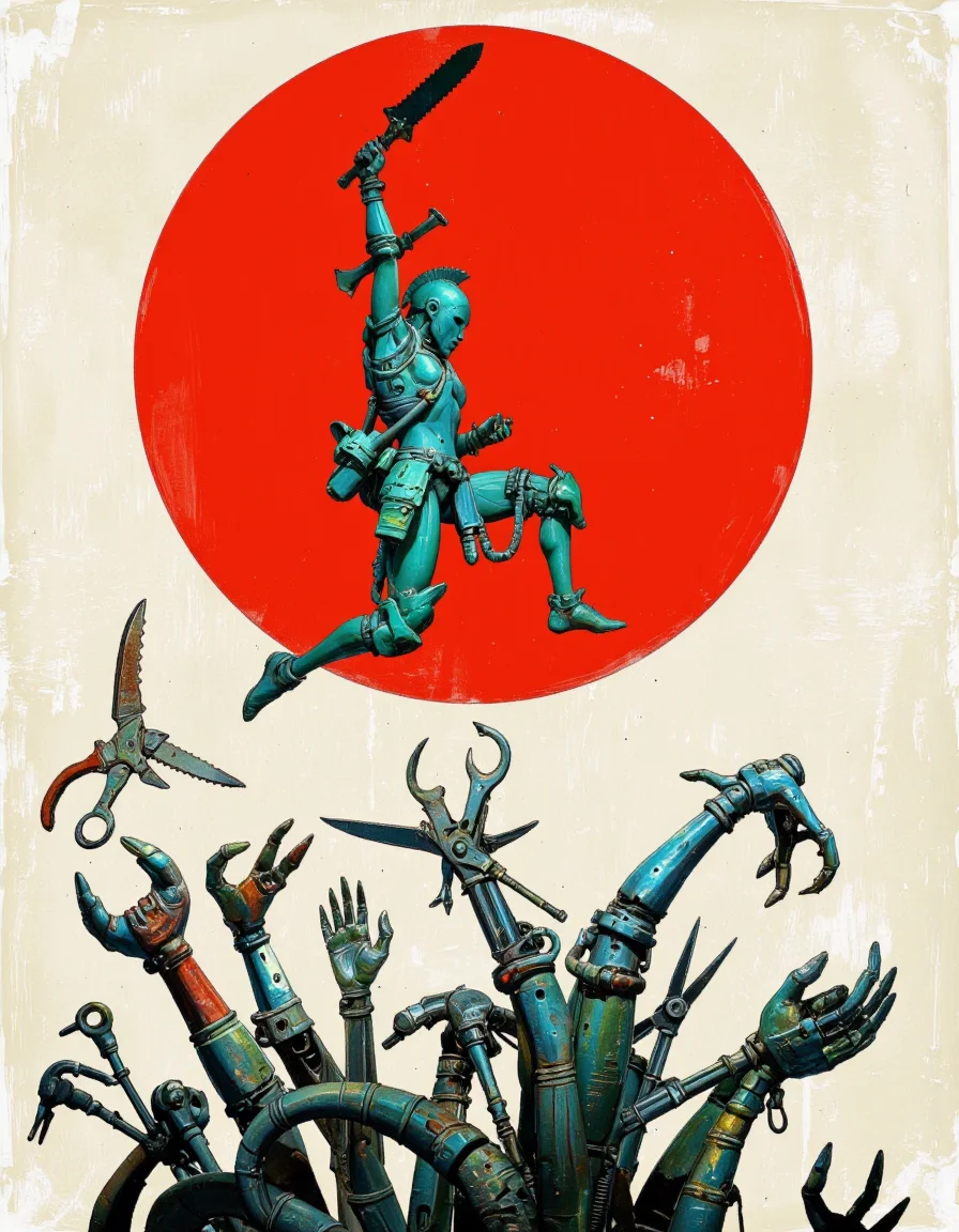 By Passcal Blanché. A digital artwork featuring a dynamic, futuristic scene with a strong, bold color palette. The central figure is a humanoid warrior in mid-jump, brandishing a large serrated blade in his right hand. The warrior is clad in sleek blue-green metallic armor, adorned with various mechanical details and panels. The warrior's helmet is Spartan-shaped, giving him a menacing appearance.
Behind the warrior is a large, bright red circle, which contrasts sharply with the rest of the image, adding a sense of intensity and focus. The background is a muted off-white color, reinforcing the boldness of the red circle and the metallic tones of the robot.
In the foreground, a chaotic array of mechanical limbs and tools protrude from the bottom of the image, adding to the sense of movement and disorder. These limbs come in various shapes, some resembling scissors, wrenches, and other industrial tools, all rendered in a metallic tone similar to that of the robot.
The overall style of the artwork is highly detailed and realistic, with a particular emphasis on industrial design and mechanical details, evoking a sense of futuristic war or high-tech battle. <lora:Pascal_Blanché:0.85>