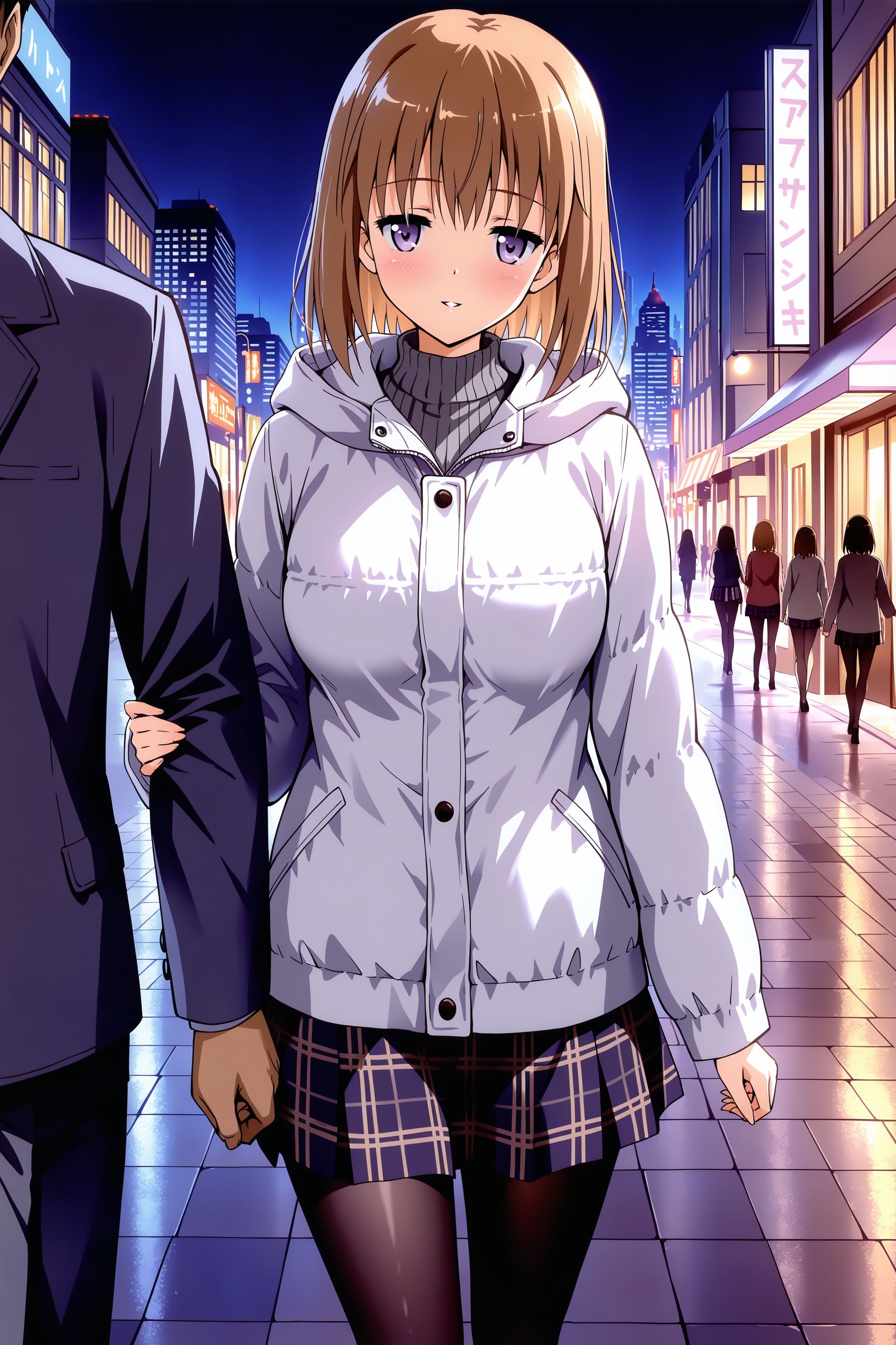 (masterpiece, best quality:1.2), amazing quality, very aesthetic, absurdres, perfect detail,
city, street, illumination, city lights, night, building,
duo, walking, holding another's arm, light smile, blush, parted lips, looking at viewer, 
, satsuki, white down jacket, hood down, long sleeves, gray sweater, breasts, plaid skirt, black pantyhose,
<lora:XL_Ill_hentai-satsukit1:1>