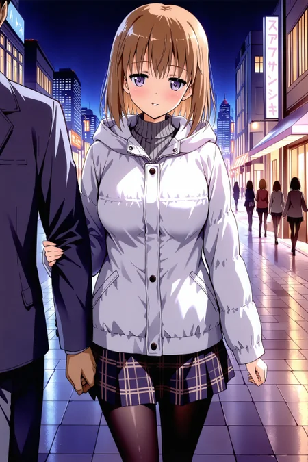 (masterpiece, best quality:1.2), amazing quality, very aesthetic, absurdres, perfect detail,
city, street, illumination, city lights, night, building,
duo, walking, holding another's arm, light smile, blush, parted lips, looking at viewer,
, satsuki, white down jacket, hood down, long sleeves, gray sweater, breasts, plaid skirt, black pantyhose,
<lora:XL_Ill_hentai-satsukit1:1>